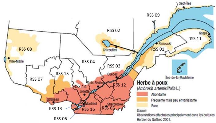 Répartition de l'Ambroisie à feuilles d'armoise au Canada