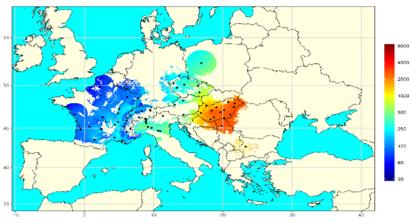 Carte de la concentration annuelle moyenne de pollen d'ambroisie sur 16 ans pour l'Europe, avec les positions géographiques des 67 stations aérobiologiques réalisée avec la méthode DL, les jours manquants étant consécutifs. Version retenue.